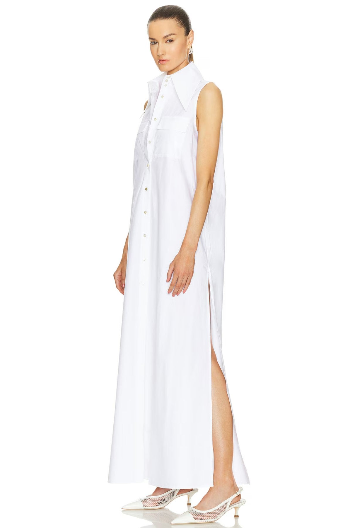 Sleeveless Floor Length Shirt Dress - White / XS